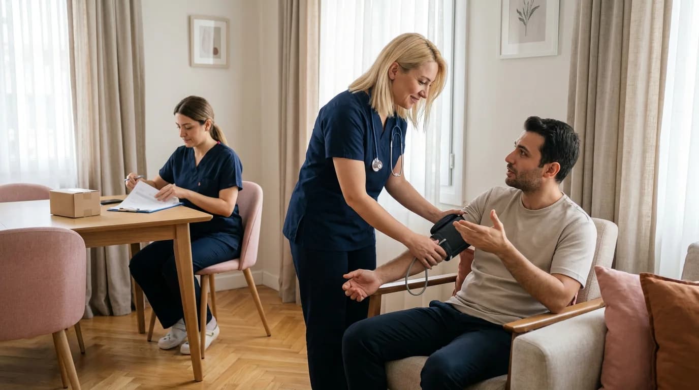 Hemşirenin evde tansiyon ölçümü yaptığı temsilî check-up sahnesi.