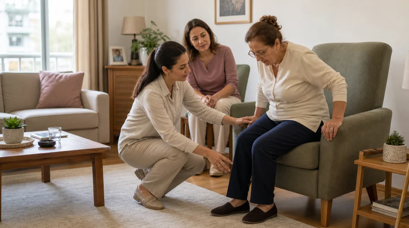 Uzmanın yaşlı bir kişiye evde güvenli ergonomi ve hareket düzeni gösterdiği temsilî sahne.